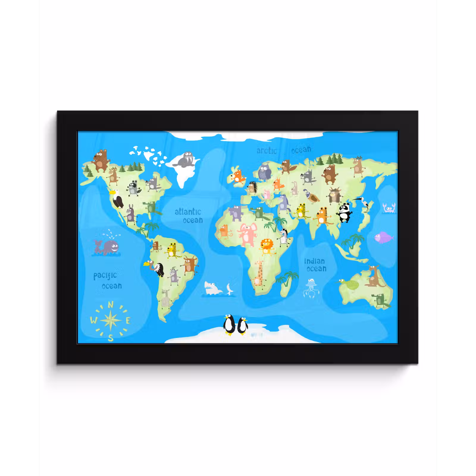 Poster met lijst - Wereldkaart - Kind - Dieren - Blauw - Jongens - Meisjes — 1