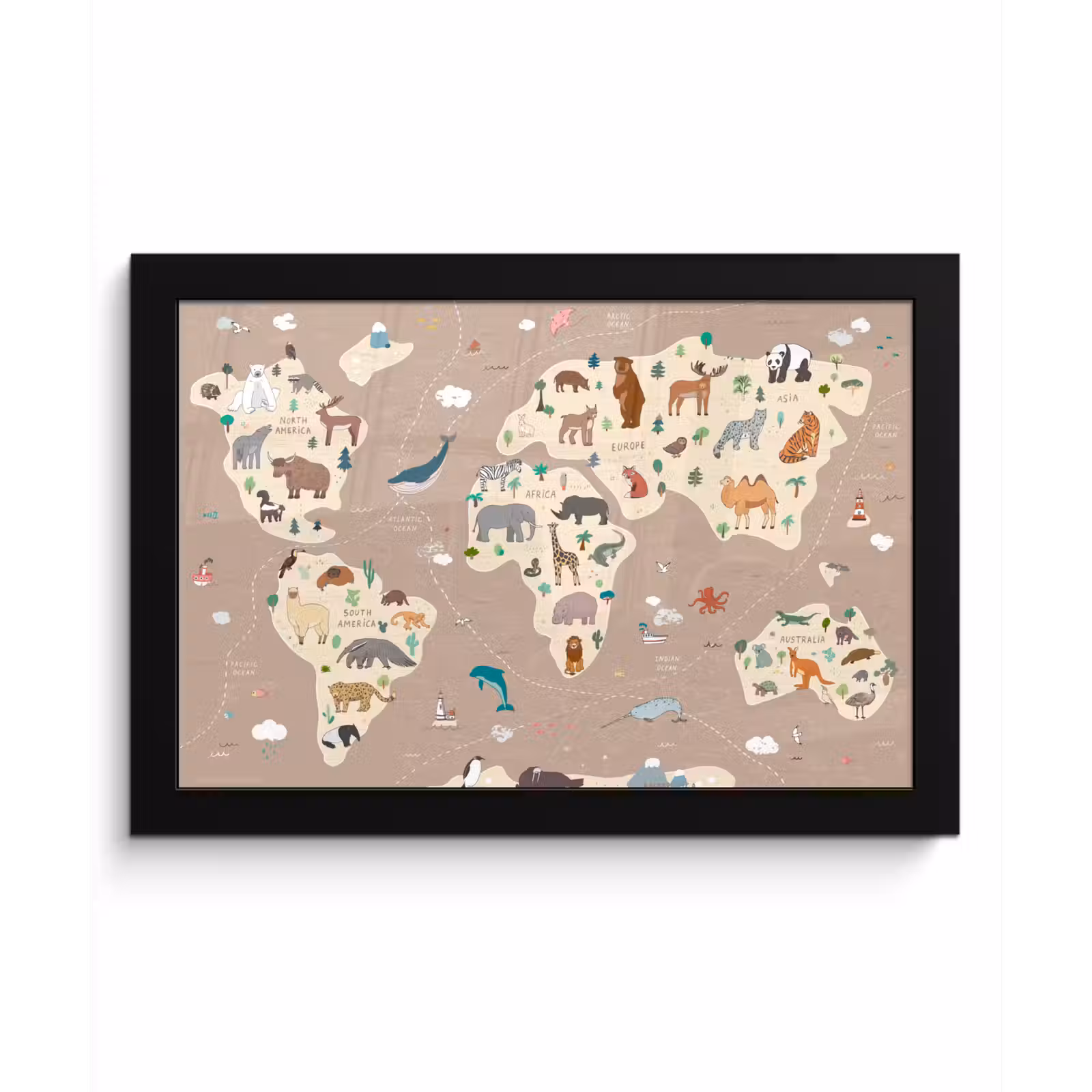 Poster met lijst - Wereldkaart kinderen - Dieren - Bruin - Jongens - Meisjes — 1