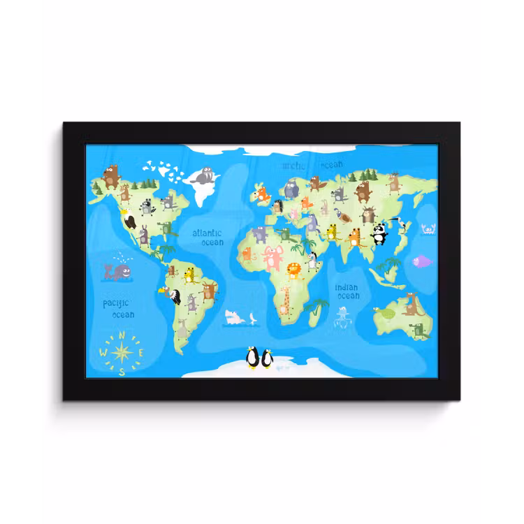 Poster met lijst - Wereldkaart - Kind - Dieren - Blauw - Jongens - Meisjes — 1