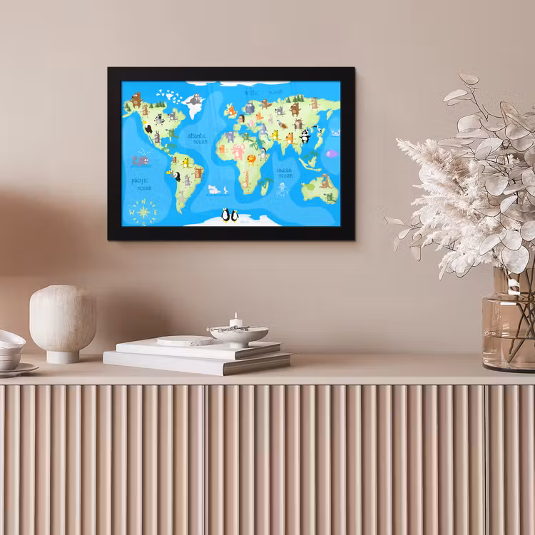 Poster met lijst - Wereldkaart - Kind - Dieren - Blauw - Jongens - Meisjes — 5