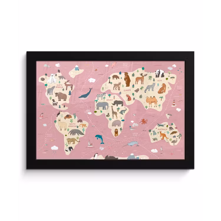 Poster met lijst - Wereldkaart kinderen - Dieren - Aarde - Jongens - Meiden - Roze — 1