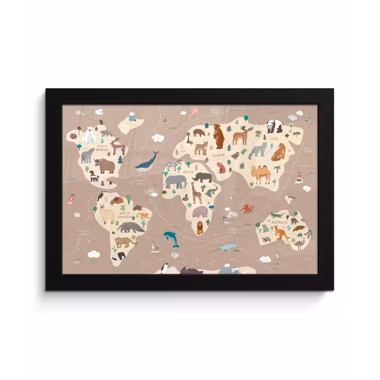 Poster met lijst - Wereldkaart kinderen - Dieren - Bruin - Jongens - Meisjes — 1