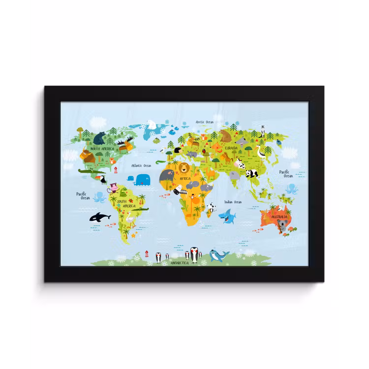 Poster met lijst - Wereldkaart - Kinderen - Dieren - Natuur - Jongens - Meisjes — 1