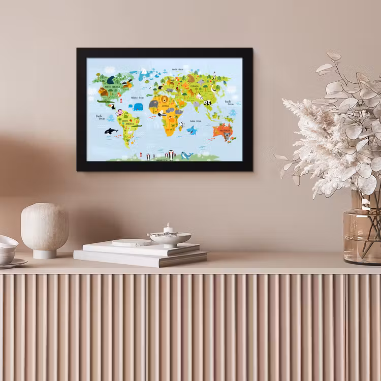 Poster met lijst - Wereldkaart - Kinderen - Dieren - Natuur - Jongens - Meisjes — 5