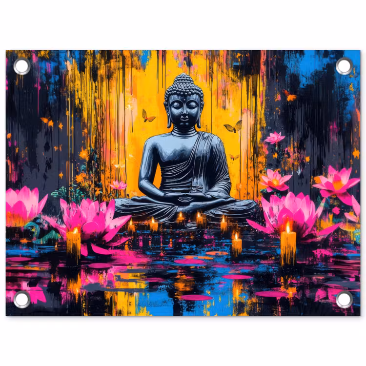 Tuinposter - Buddha - Bloemen - Kaarsen - Geel — 1