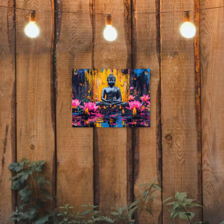 Tuinposter - Buddha - Bloemen - Kaarsen - Geel — 2