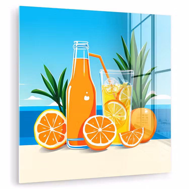 Glas schilderij - Sinaasappels - Ijsblokjes - Zee - Illustratie — 1