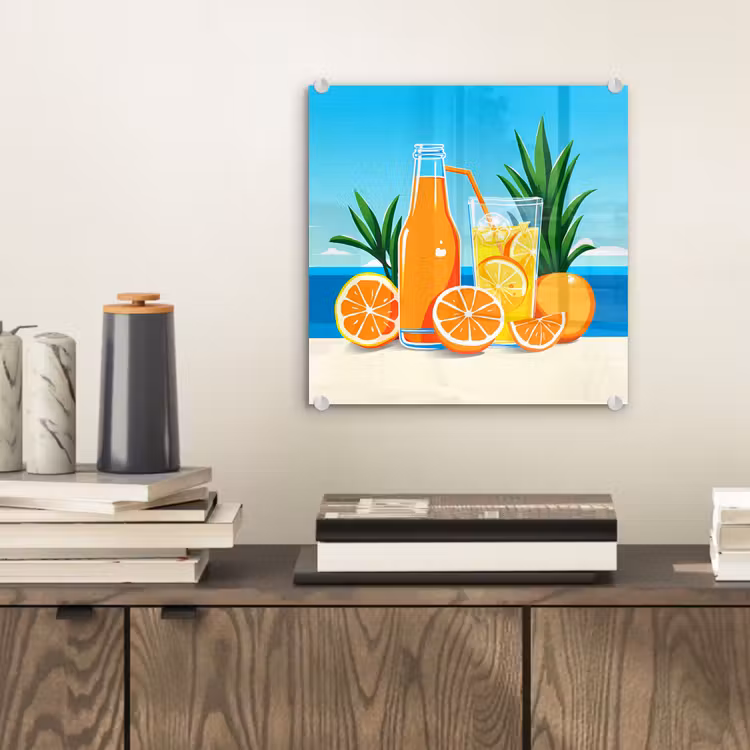 Glas schilderij - Sinaasappels - Ijsblokjes - Zee - Illustratie — 2