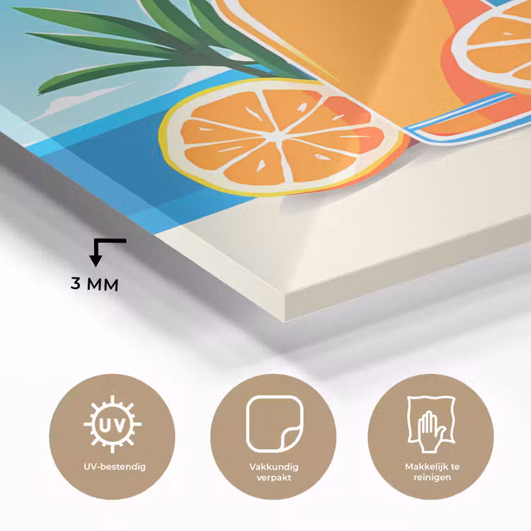 Glas schilderij - Sinaasappels - Ijsblokjes - Zee - Illustratie — 3