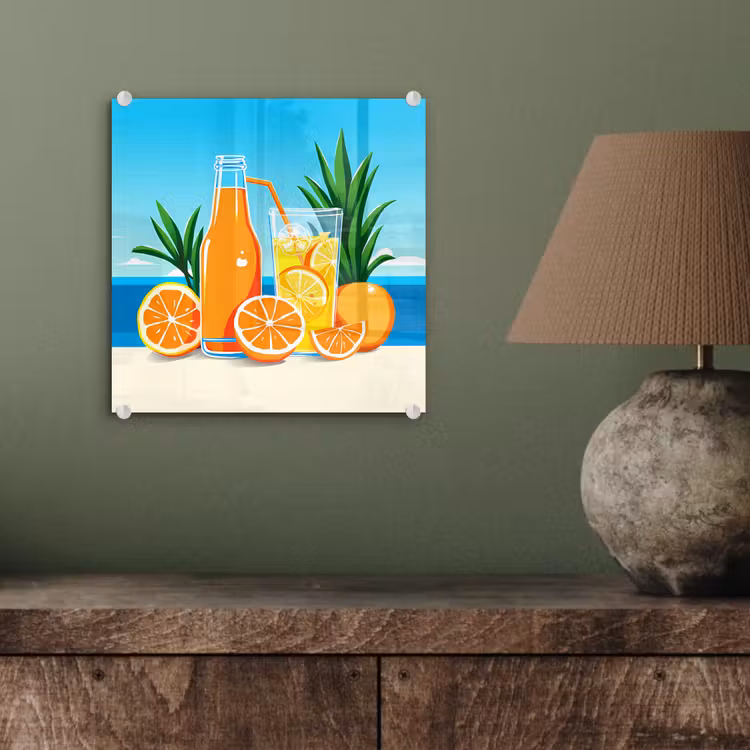 Glas schilderij - Sinaasappels - Ijsblokjes - Zee - Illustratie — 4
