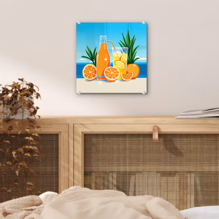 Glas schilderij - Sinaasappels - Ijsblokjes - Zee - Illustratie — 5