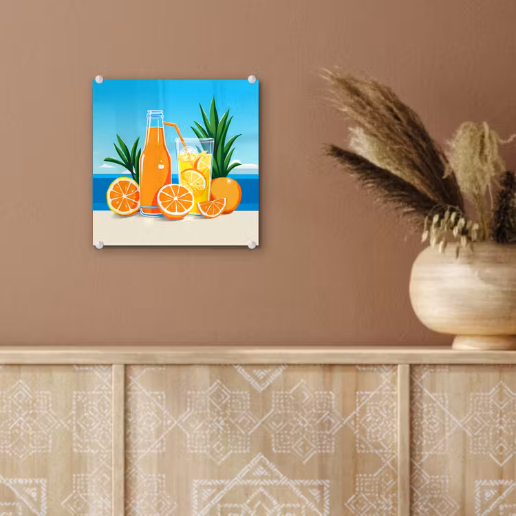 Glas schilderij - Sinaasappels - Ijsblokjes - Zee - Illustratie — 6