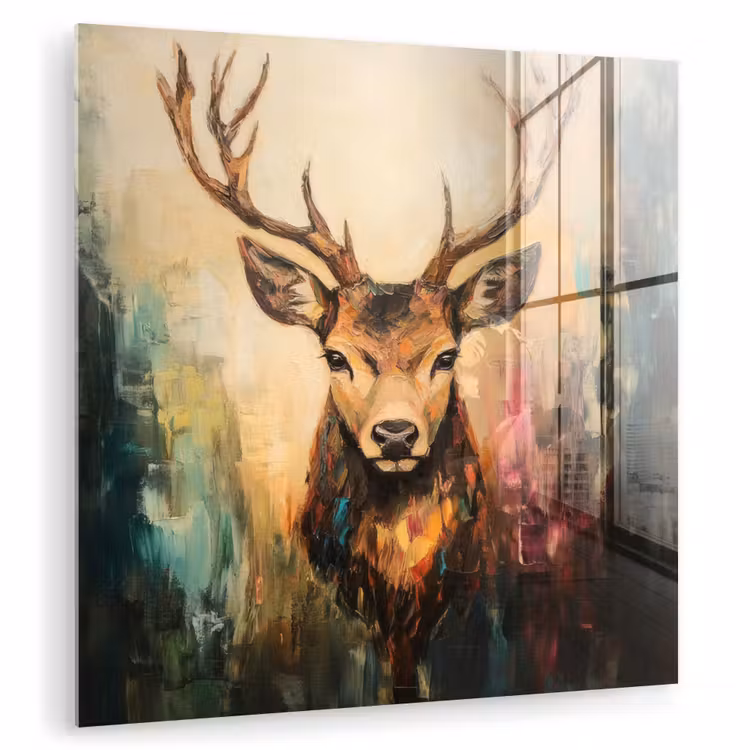 Glas schilderij - Hert - Geverfd - Gewei - Bruin — 1