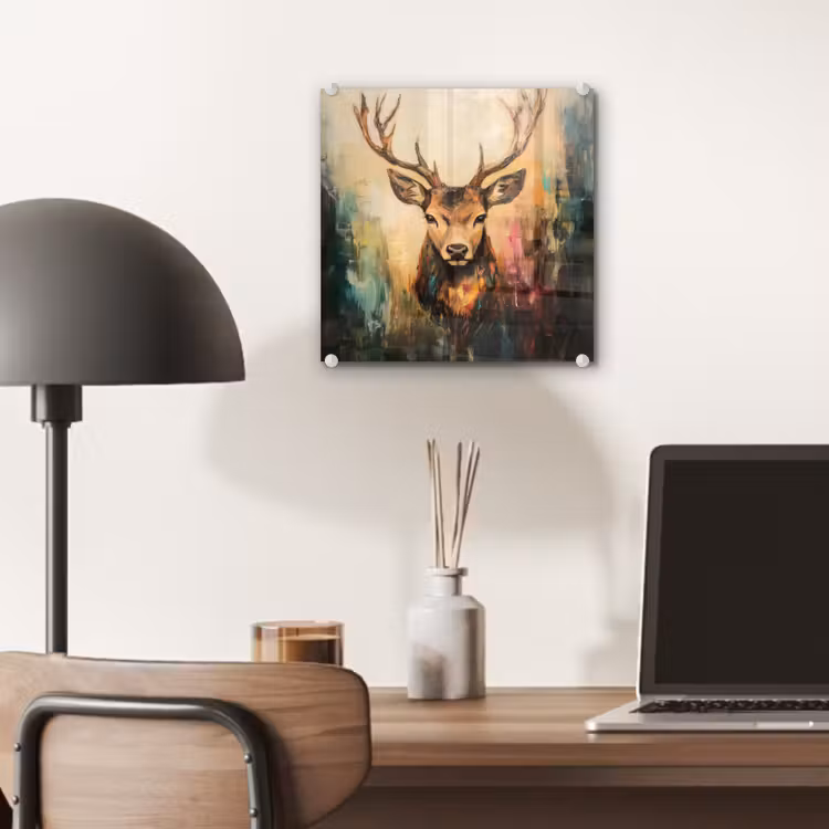 Glas schilderij - Hert - Geverfd - Gewei - Bruin — 7