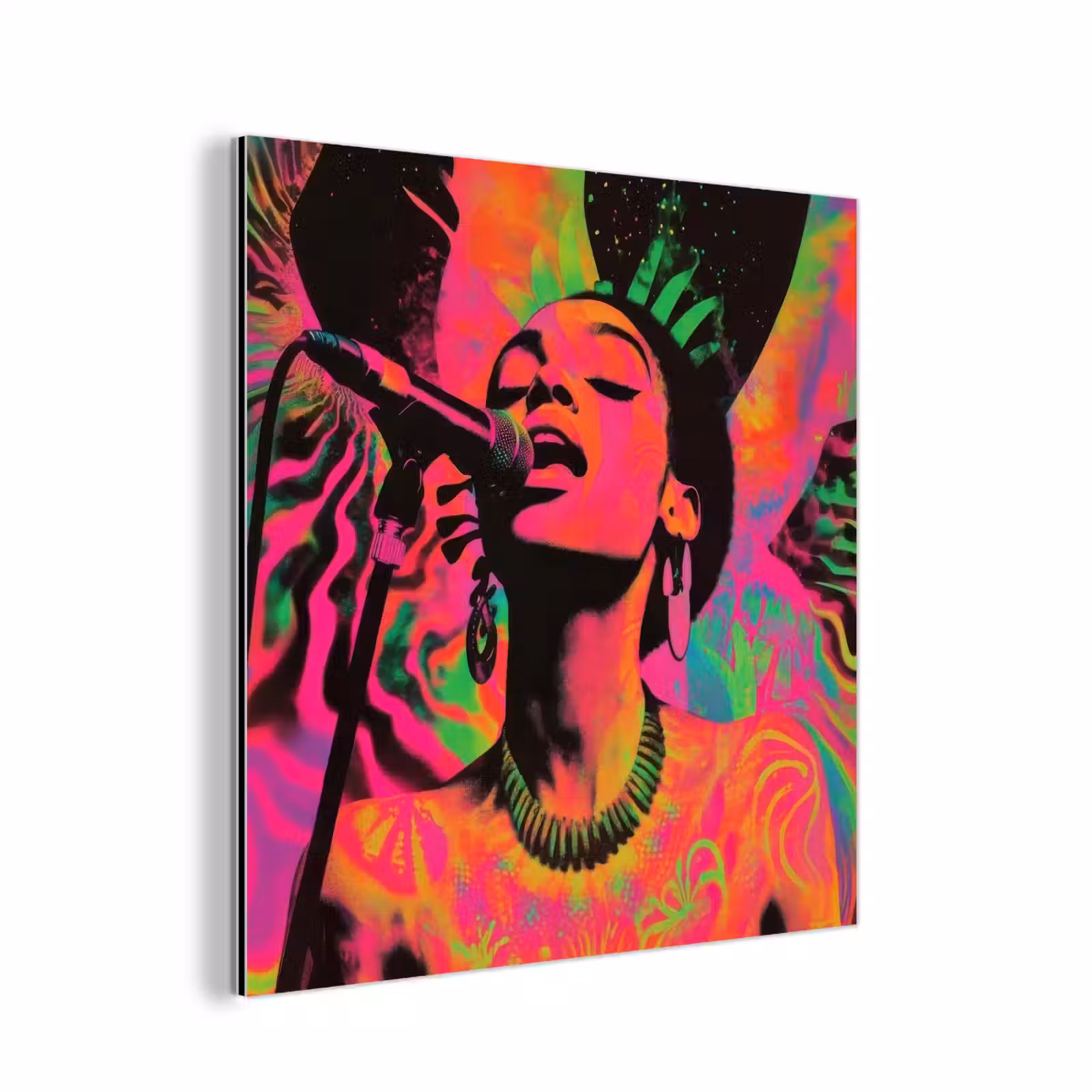 Aluminium schilderij - Vrouw - Microfoon - Neon — 1