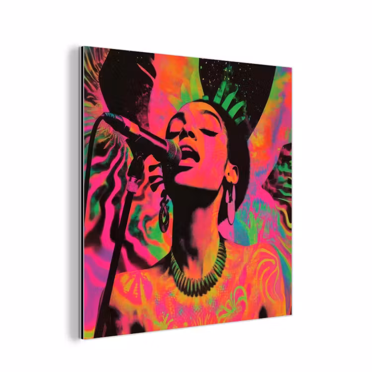 Aluminium schilderij - Vrouw - Microfoon - Neon — 1