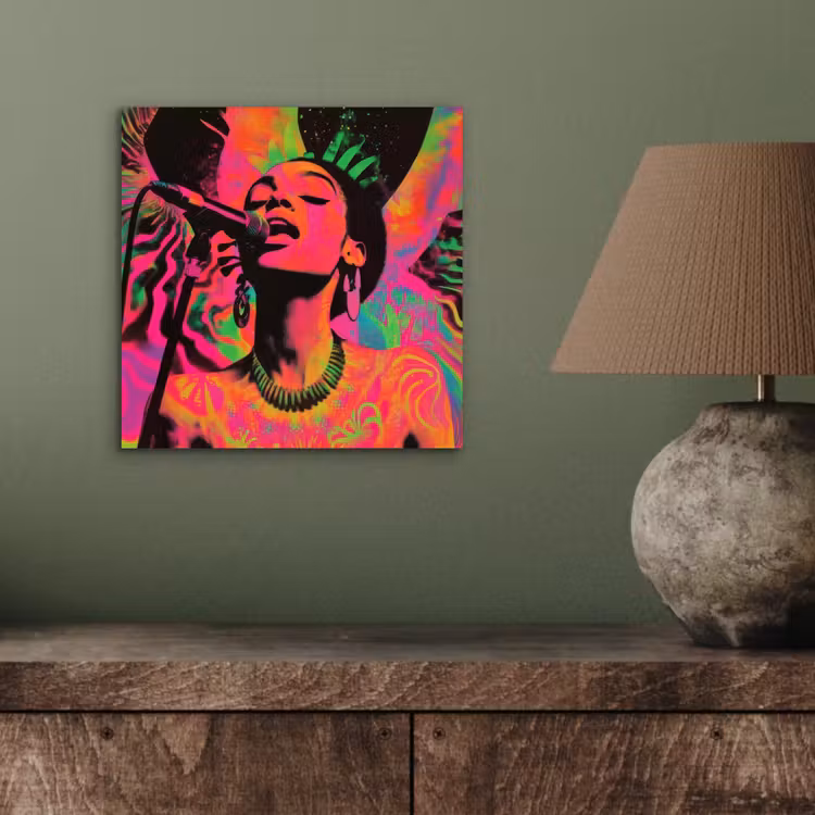 Aluminium schilderij - Vrouw - Microfoon - Neon — 3