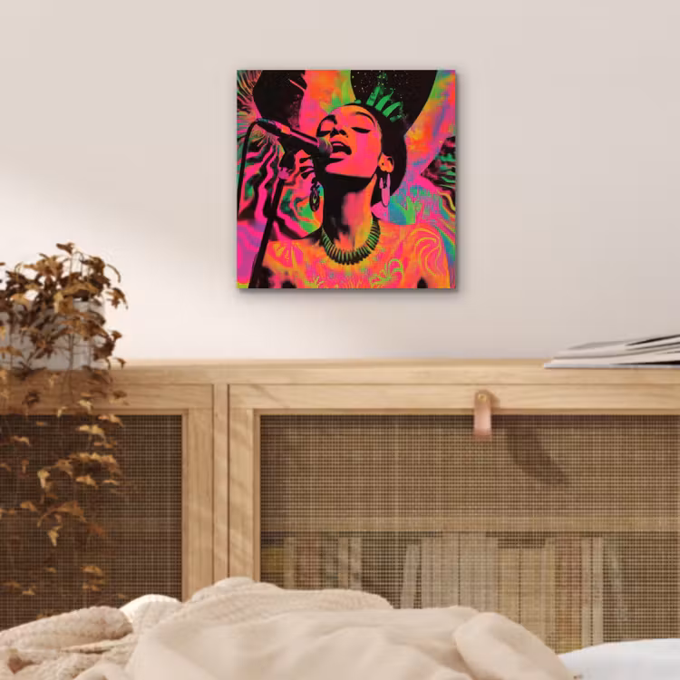 Aluminium schilderij - Vrouw - Microfoon - Neon — 4