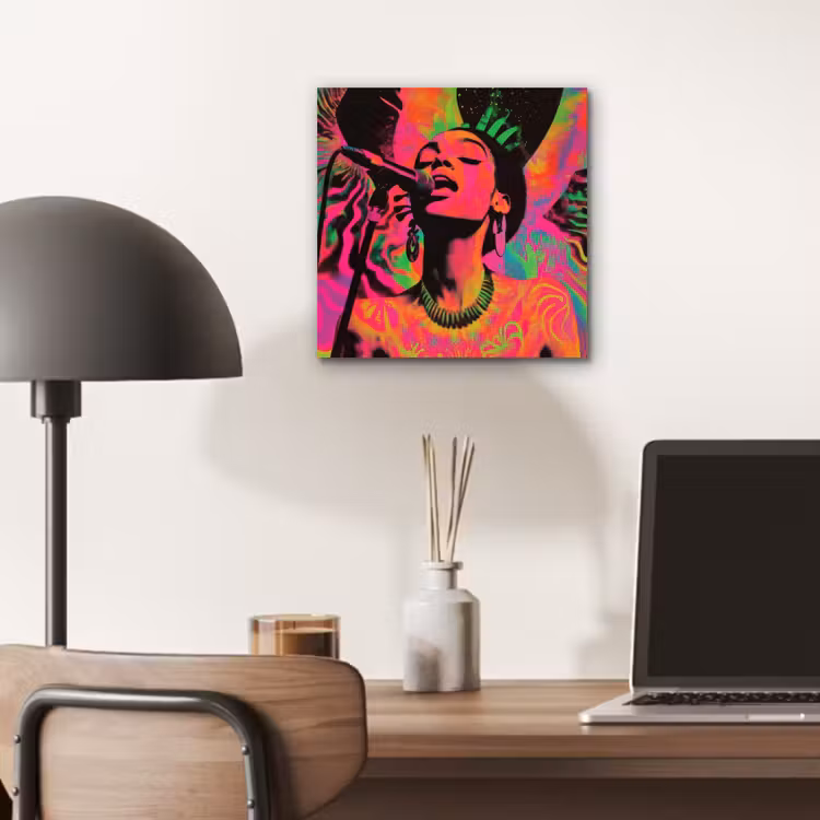 Aluminium schilderij - Vrouw - Microfoon - Neon — 6