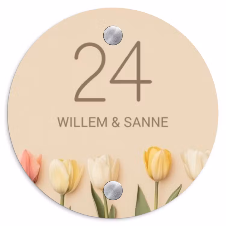 Naambordje voordeur - Rond - Gekleurde tulpen beige achtergrond - Klassiek — 1