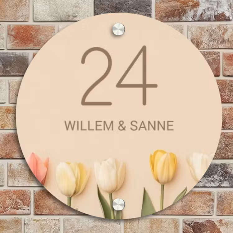 Naambordje voordeur - Rond - Gekleurde tulpen beige achtergrond - Klassiek — 4