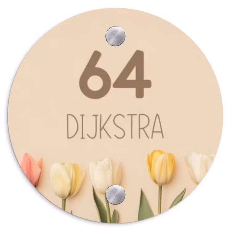 Naambordje voordeur - Rond - Gekleurde tulpen beige achtergrond - Modern — 1
