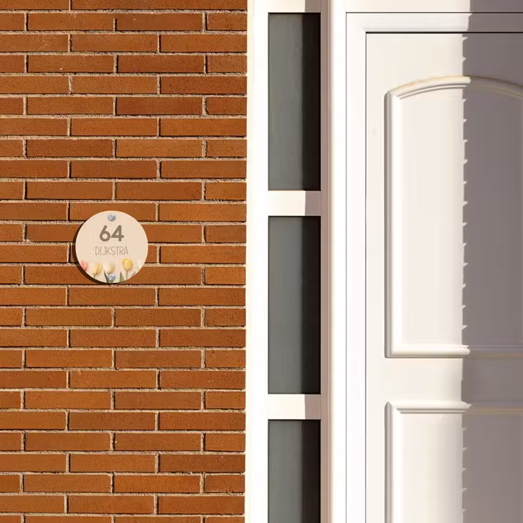 Naambordje voordeur - Rond - Gekleurde tulpen beige achtergrond - Modern — 3