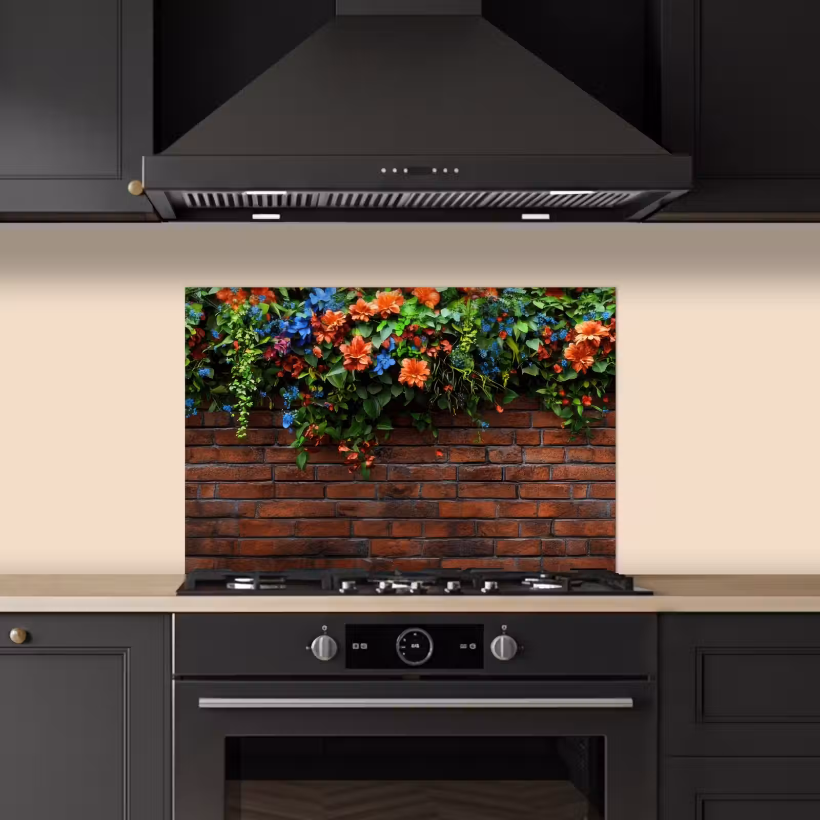 Spatscherm keuken - Bloemen - Muur - Groen - Oranje — 1