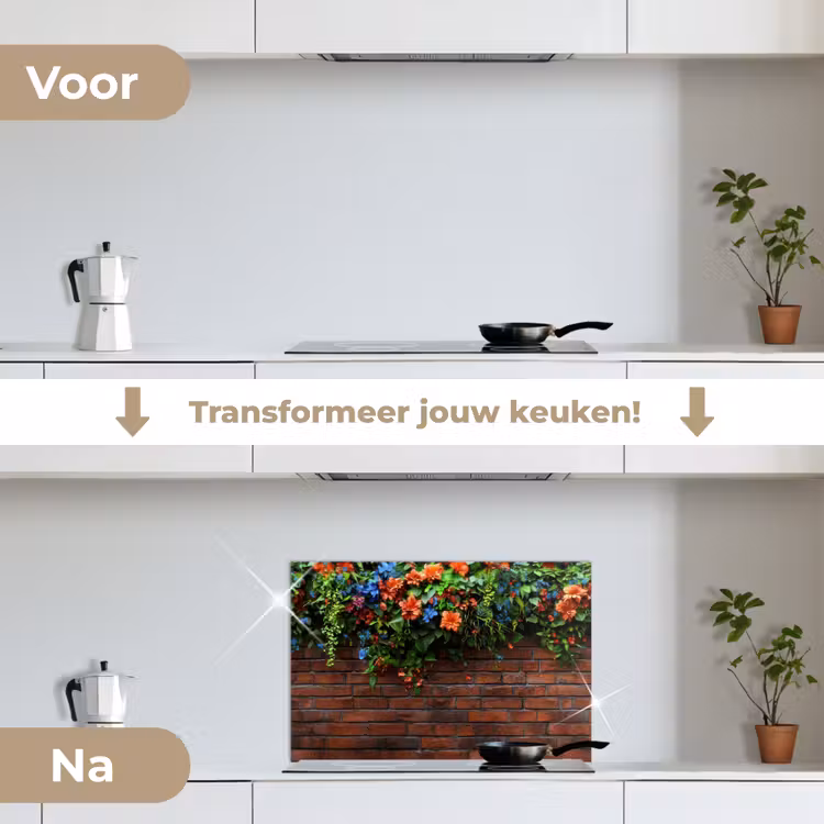 Spatscherm keuken - Bloemen - Muur - Groen - Oranje — 2