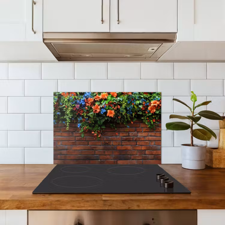 Spatscherm keuken - Bloemen - Muur - Groen - Oranje — 5
