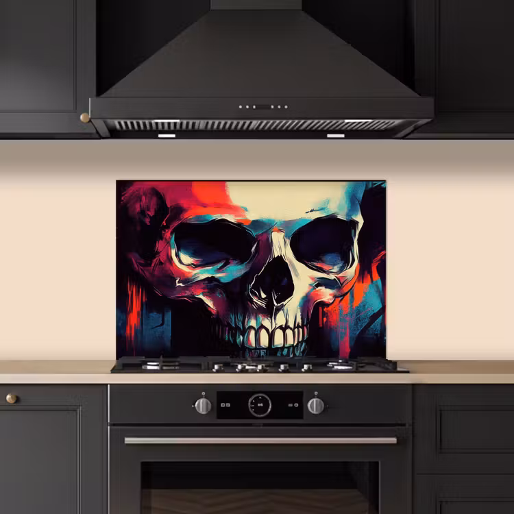 Spatscherm keuken - Schedel - Abstract - Rood - Blauw - Graffiti — 1