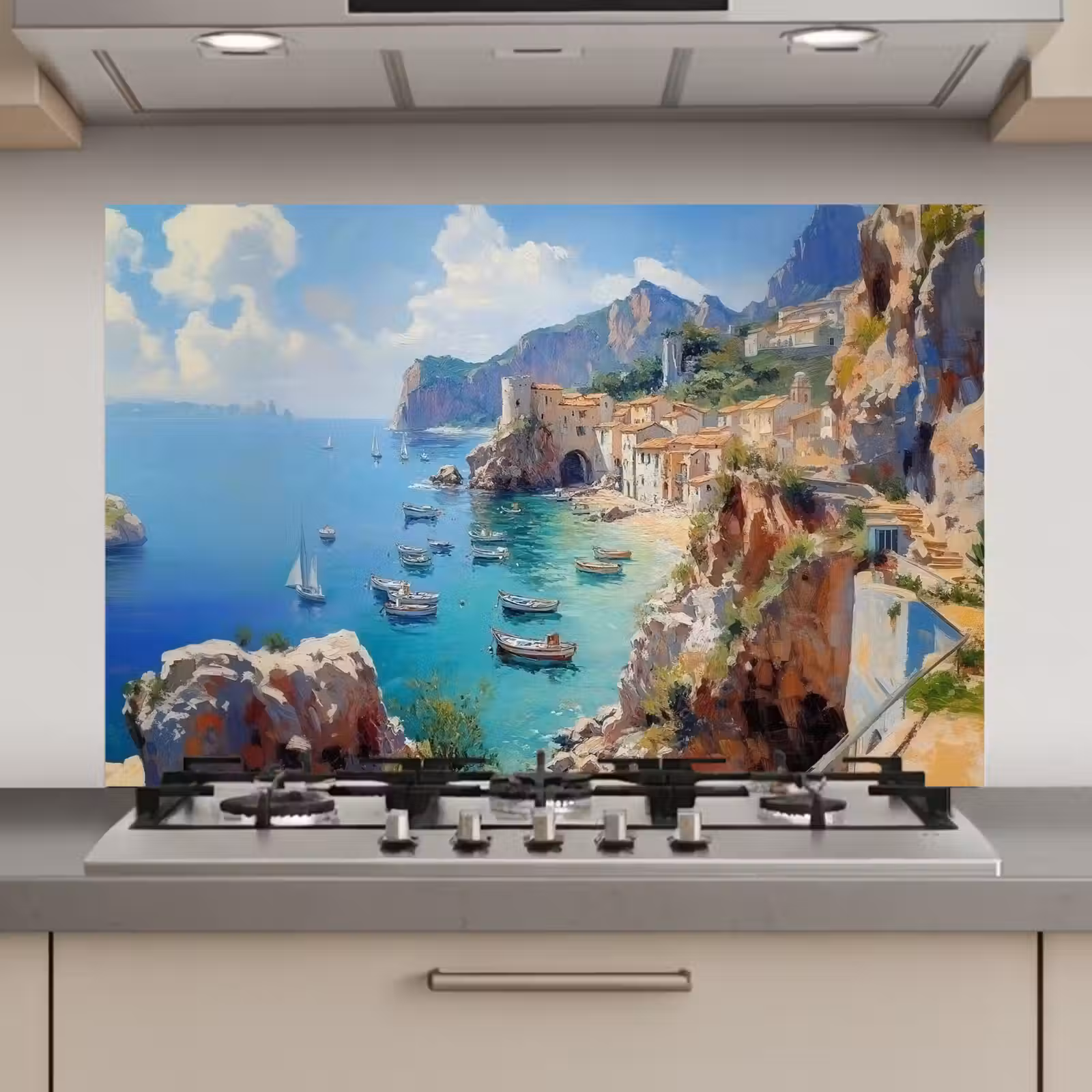 Spatscherm keuken - Kustdorp - Schilderij - Rotsen - Boten — 1