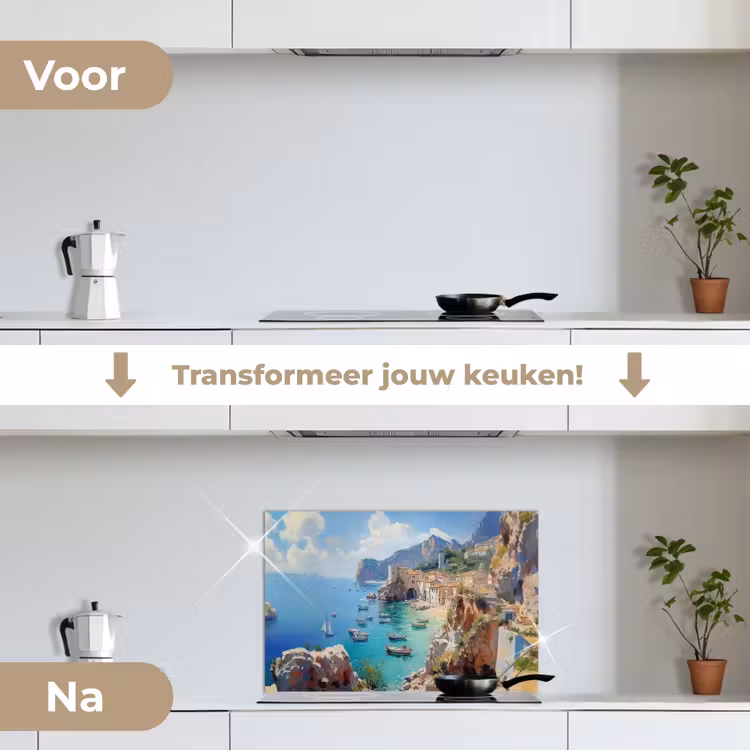 Spatscherm keuken - Kustdorp - Schilderij - Rotsen - Boten — 3