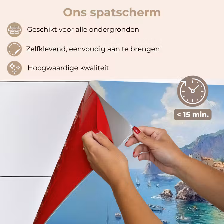 Spatscherm keuken - Kustdorp - Schilderij - Rotsen - Boten — 4