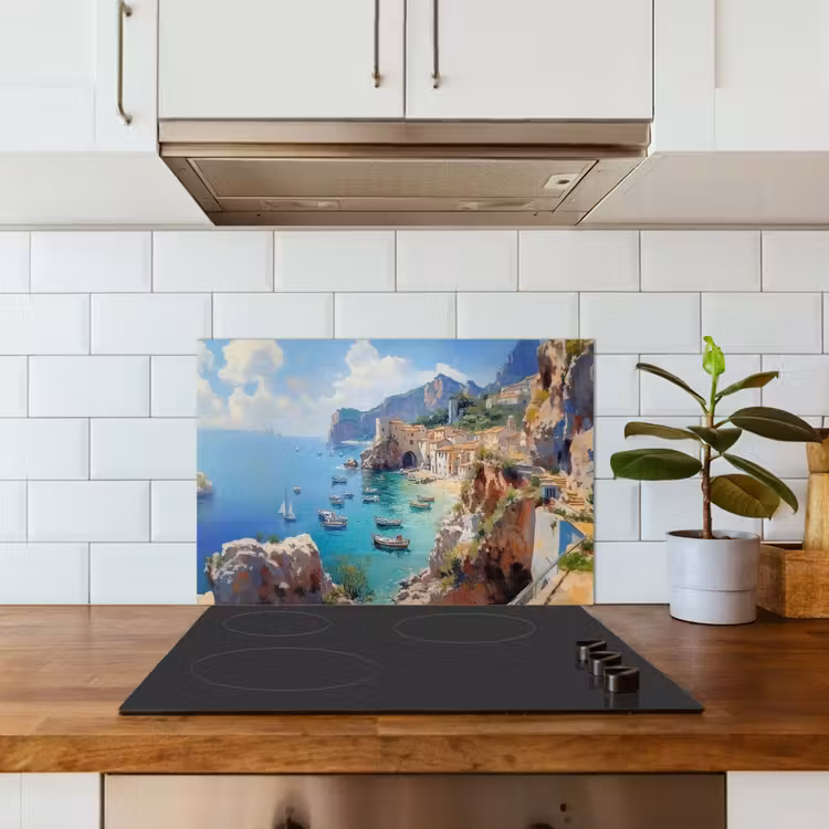 Spatscherm keuken - Kustdorp - Schilderij - Rotsen - Boten — 6