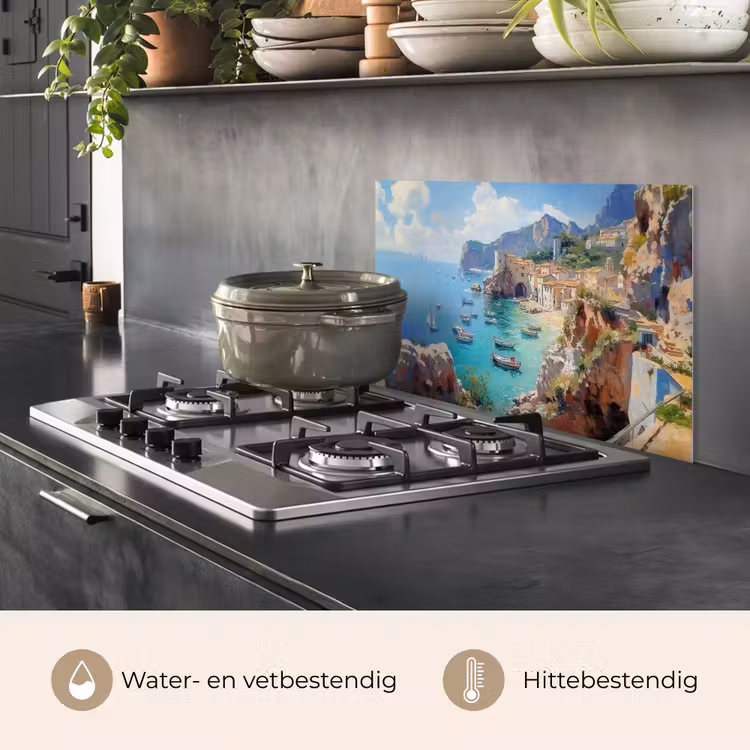 Spatscherm keuken - Kustdorp - Schilderij - Rotsen - Boten — 7