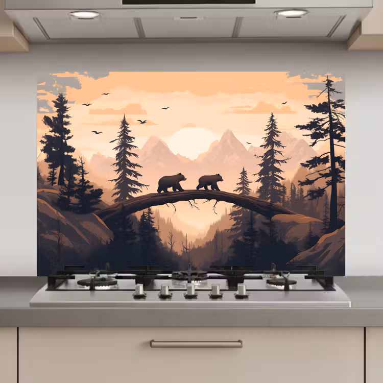 Spatscherm keuken - Beren - Bomen - Landschap - Zonsondergang — 1