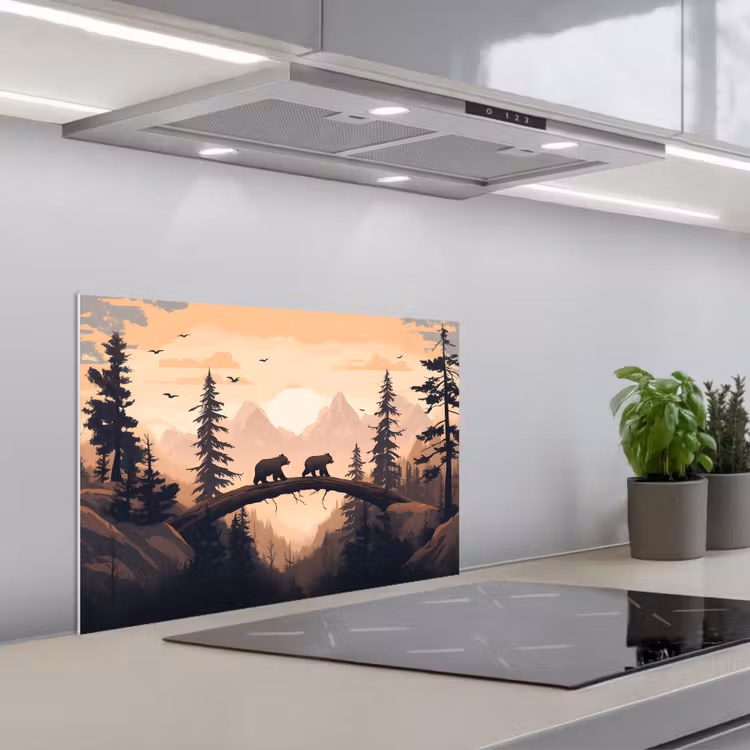 Spatscherm keuken - Beren - Bomen - Landschap - Zonsondergang — 5