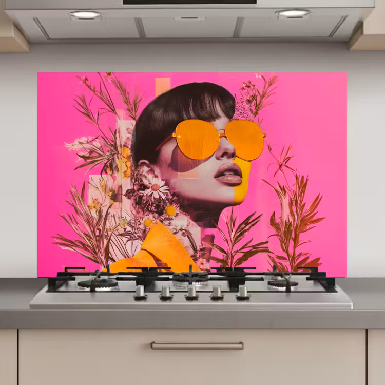 Spatscherm keuken - Zonnebril - Oranje - Vrouw - Planten — 1