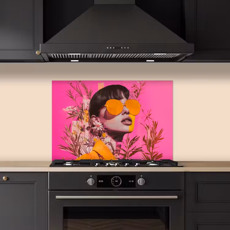Spatscherm keuken - Zonnebril - Oranje - Vrouw - Planten — 2