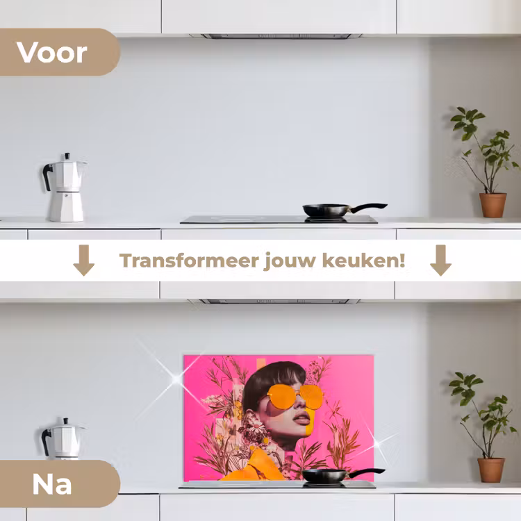 Spatscherm keuken - Zonnebril - Oranje - Vrouw - Planten — 3