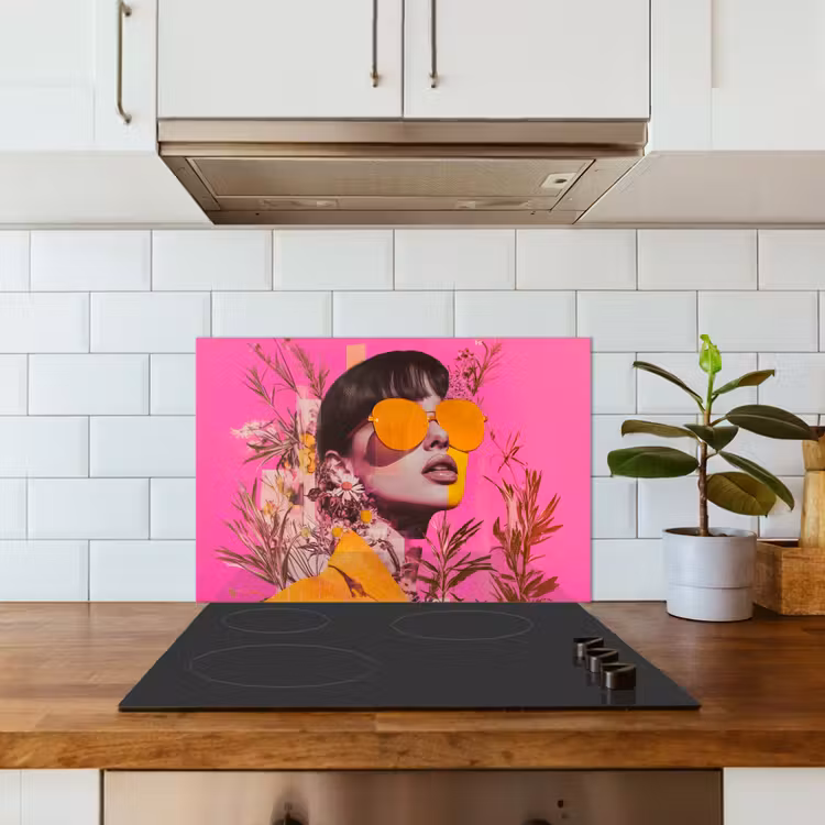 Spatscherm keuken - Zonnebril - Oranje - Vrouw - Planten — 6