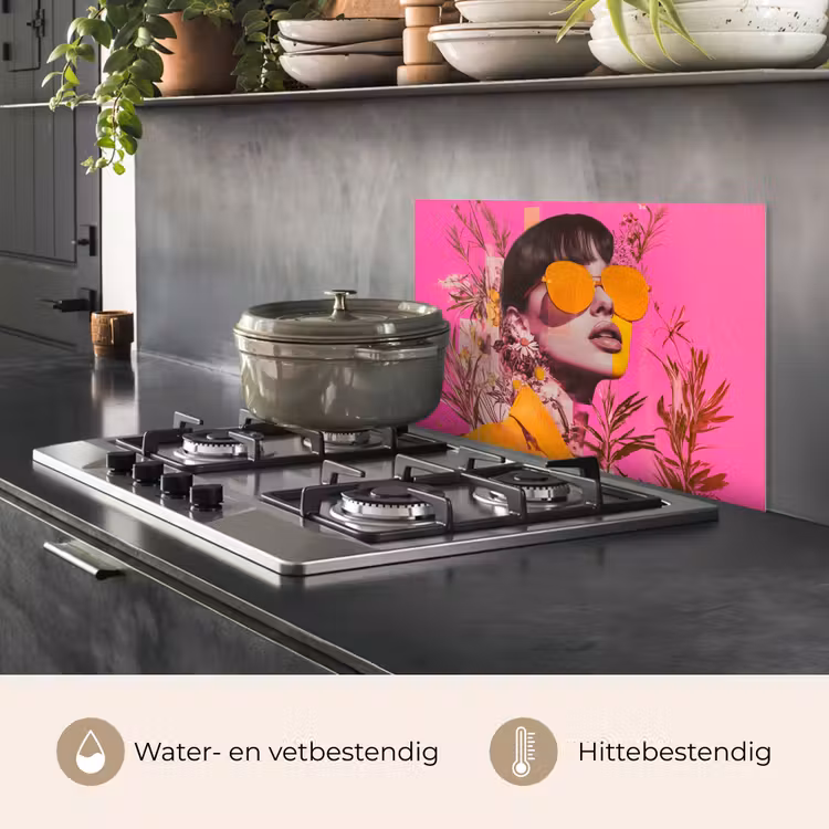 Spatscherm keuken - Zonnebril - Oranje - Vrouw - Planten — 7