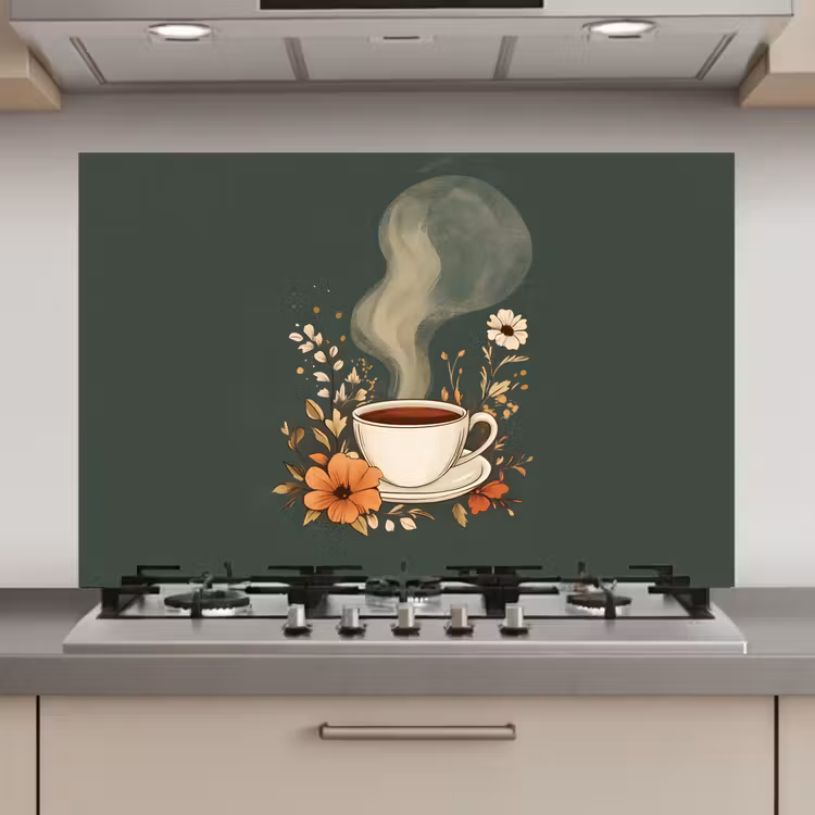 Spatscherm keuken - Kop - Bloemen - Groen - Koffie — 1