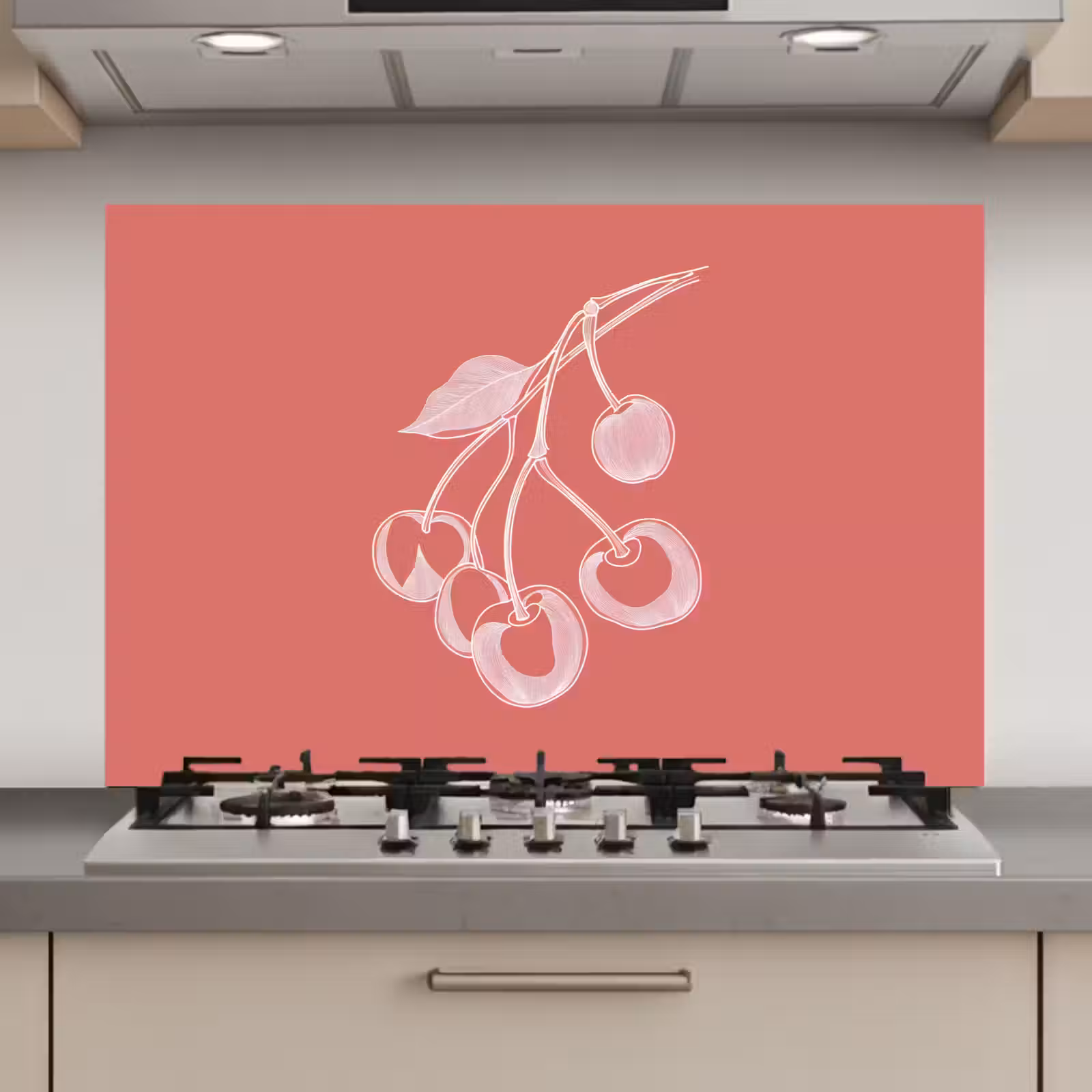 Spatscherm keuken - Lijnillustratie - Kersen - Tak - Wit — 1