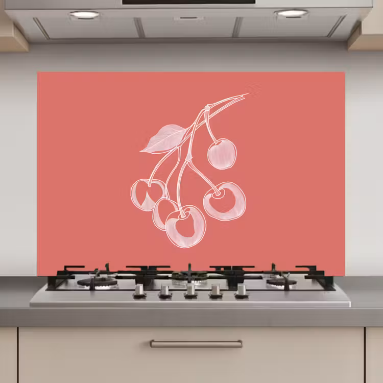 Spatscherm keuken - Lijnillustratie - Kersen - Tak - Wit — 1