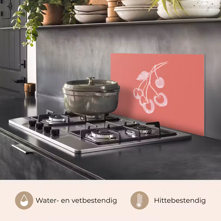 Spatscherm keuken - Lijnillustratie - Kersen - Tak - Wit — 7