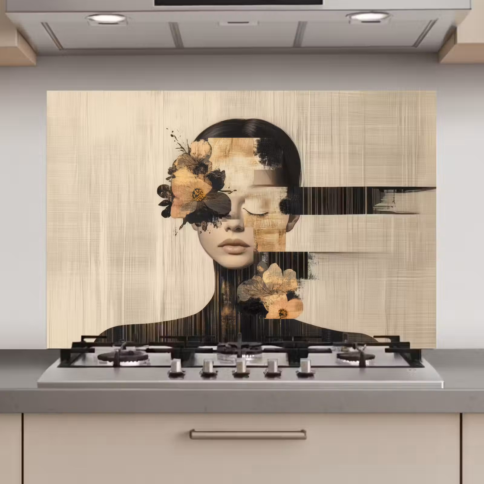 Spatscherm keuken - Gezicht - Bloemen - Zwart - Vrouw — 1
