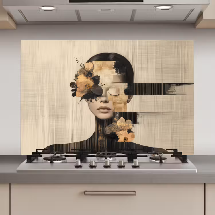 Spatscherm keuken - Gezicht - Bloemen - Zwart - Vrouw — 1