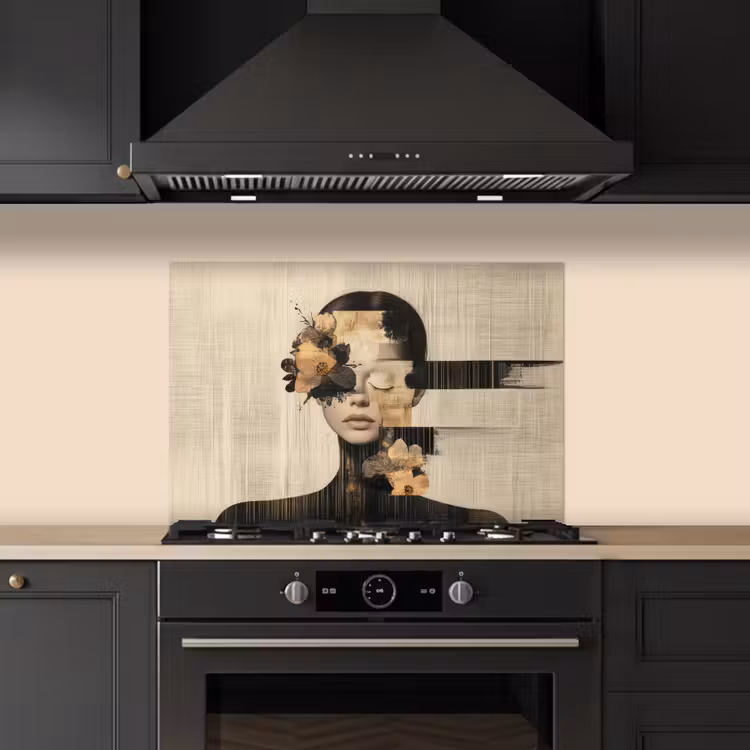 Spatscherm keuken - Gezicht - Bloemen - Zwart - Vrouw — 2